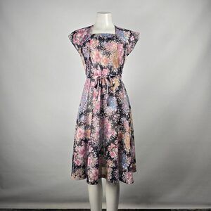 Vintage Black Floral Fit & Flare Dress & Cardigan Size XS